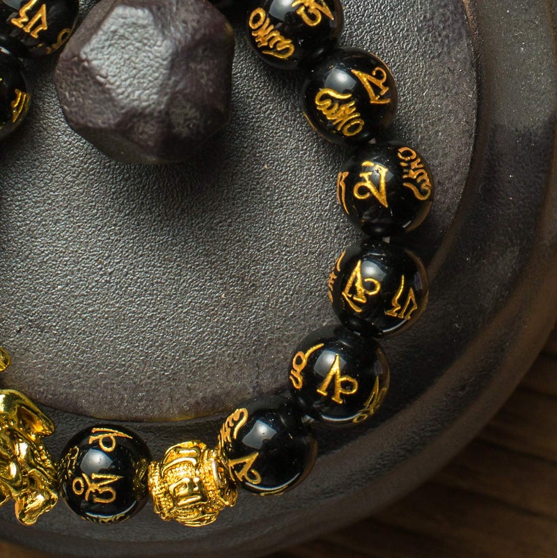 MANRUO Feng Shui 14mm Black Hand Carved Mantra Beads Bracelet with 1 Golden Pi Xiu/Pi Yao and 1 Golden Mantra Bead Attract Lucky Wealthy - Image 4